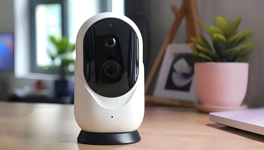 Une petite caméra de sécurité sans fil blanche et noire, ressemblant à une des nombreuses Caméras Espion Wi-Fi discrètes.