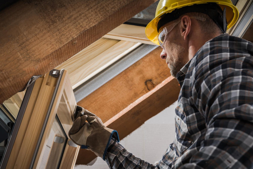 Artisan professionnel en plein ajustement lors de la pose des menuiseries d'une fenêtre de toit en bois
