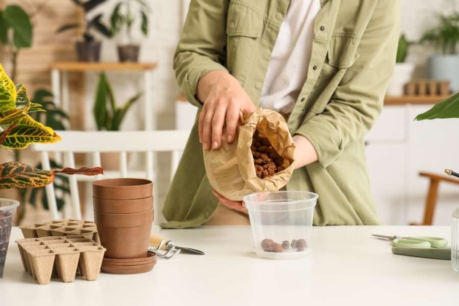 Une personne verse des billes d'argile depuis un sac en papier dans un pot de fleurs en plastique transparent sur une table de rempotage.