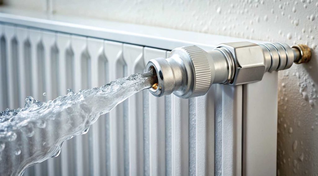 De l'eau s'écoule d'un raccord lors du nettoyage d'un radiateur, une étape clé pour estimer le coût désembouage circuit de chauffage.