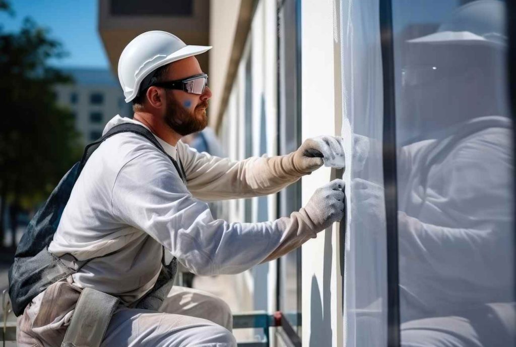 Un ouvrier qualifié pose des menuiseries isolantes en respectant la norme cstb acotherm menuiserie pvc sur un chantier de rénovation